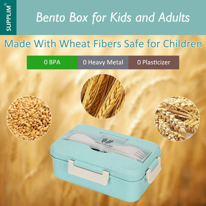 Bento Box for Kids Adults Lunch Box with 3 Compartment,Wheat Fiber Leak Proof Food Container with Spoon & Fork,1200Ml Lunch Boxes Containers for Men Women (Model2-Blue)