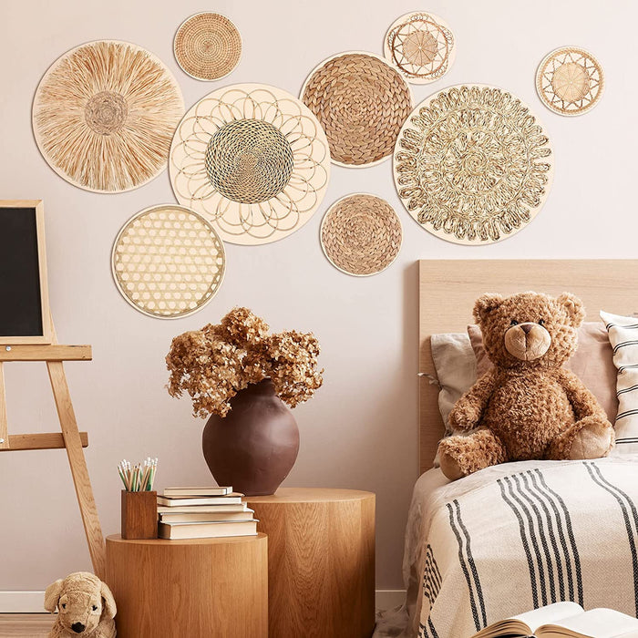 9 Pcs Boho Basket Wall Decals round Modern Peel and Stick Removable Decal Adhesive Nursery Decor for Bedroom Living Room Office Wall, Just Stickers (Retro Style)