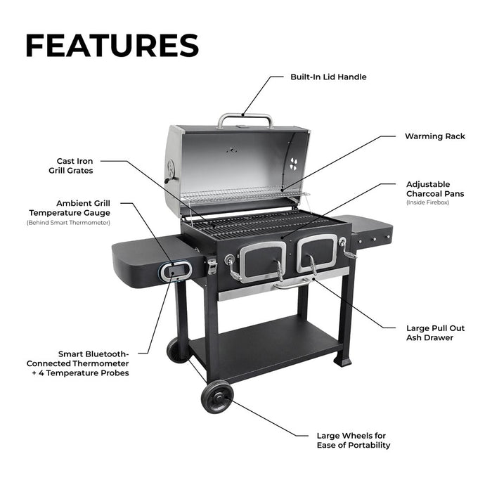 Kenmore 32-Inch Smart Charcoal Grill with Bluetooth Meat Thermometer, LCD Display, and Temperature Probes, Black/Stainless Steel