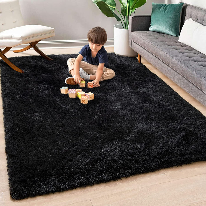 Super Soft Fluffy Shaggy Rugs 4X5.9 Feet for Living Room Bedroom, Fuzzy Plush Area Rugs for Girls Kids Room Nursery Home Decor, Furry Dorm Rug Cute Non-Slip Indoor Floor Carpet , Black