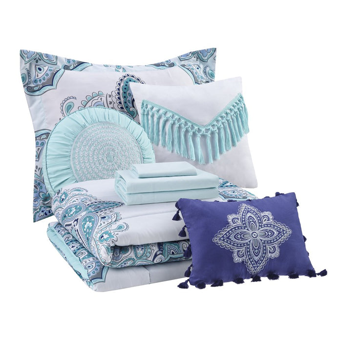 Mainstays Teal Medallion 10 Piece Bed in a Bag Comforter Set with Sheets, King