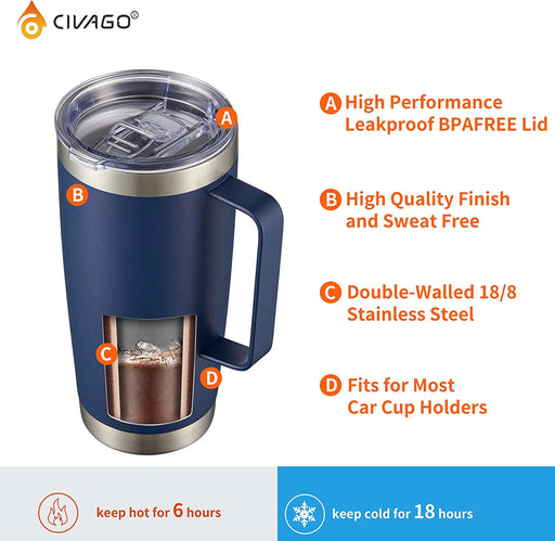 20 Oz Tumbler Mug with Lid and Straw, Insulated Travel Coffee Mug with Handle, Double Wall Stainless Steel Vacuum Coffee Tumbler, Thermal Coffee Cup, Navy Blue