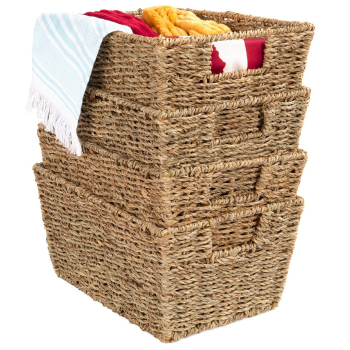 Set of 4 Multipurpose Stackable Seagrass Storage Laundry Organizer Baskets W/ Handles - Natural