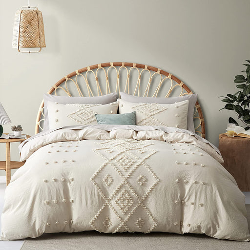 Oli Anderson Tufted Duvet Cover Queen Size, Soft and Lightweight Duvet Covers Set for All Seasons, 3 Pieces Boho Embroidery Shabby Chic Bedding Set (Beige, Queen, 90’’ X 90’’)