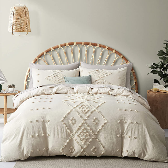 Oli Anderson Tufted Duvet Cover Queen Size, Soft and Lightweight Duvet Covers Set for All Seasons, 3 Pieces Boho Embroidery Shabby Chic Bedding Set (Beige, Queen, 90’’ X 90’’)