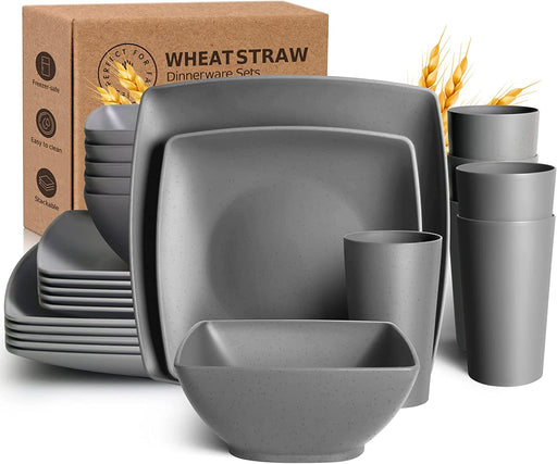 24-Piece Wheat Straw Square Dinnerware Set for 6, Unbreakable Dinner Plates, Salad Plates, Snack Bowls, Tumblers 20 Oz, Dishwasher Safe (Service for 6 (24 Pieces), Grey)