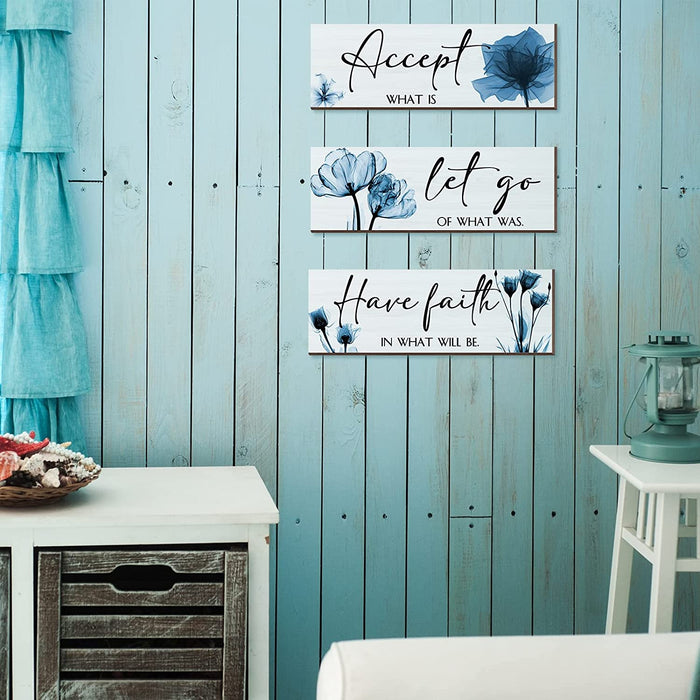 3 Pcs Rustic Flower Wall Art Accept Let Go Have Faith Bedroom Wall Decor Wooden Inspirational Quotes Decorations for Living Room Bathroom Wood Hanging Farmhouse Bedroom Art, 12 X 4 Inches (Blue)