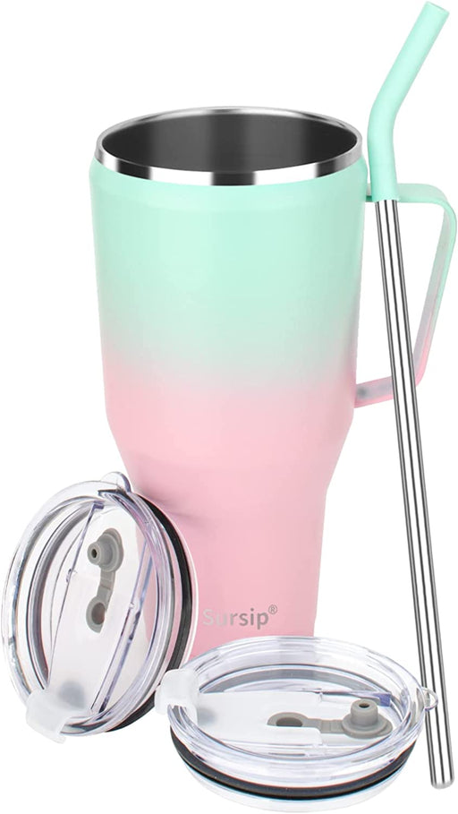 40Oz Insulated Tumbler with Handle,Stainless Steel Vacuum Mug with Lid and Straw,Maintains Cold and Heat for Hours,Sweat Proof/Leak Proof/Dishwasher Safe,Car Holder Cups-Green&Pink