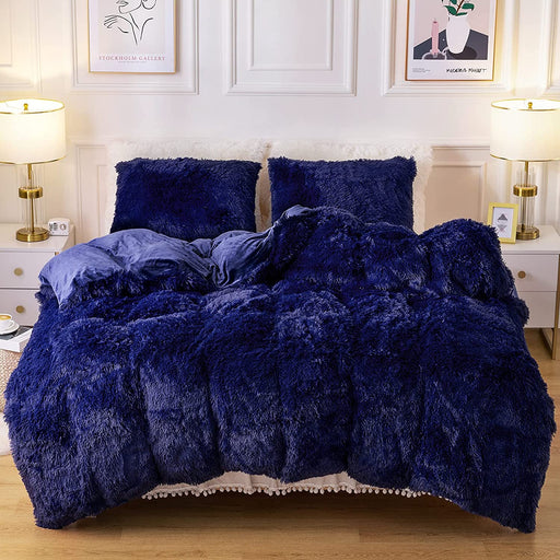 Plush Fluffy Duvet Cover Oeko-Tex Certified Luxury Ultra Soft Shaggy Crystal Velvet Bedding Set 3 Pieces(1 Duvet Cover + 2 Pillow Shams) Zipper Closure(Queen, Navy Blue)