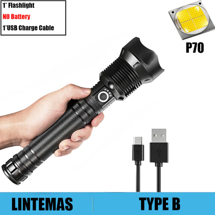 Rechargeable Flashlight Zoomable P70 Powerful LED Flashlight 3 Lighting Modes LED Torch Support for Mircro Charging Hunting Lamp