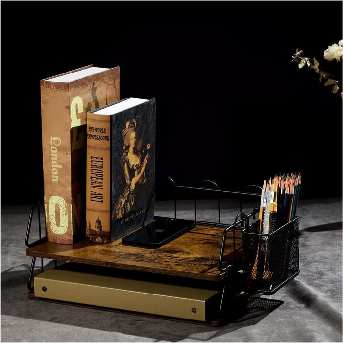 Desk Organizer, Paper Tray, Stackable Letter Tray Organizer with Pen Holder (2 Layer)