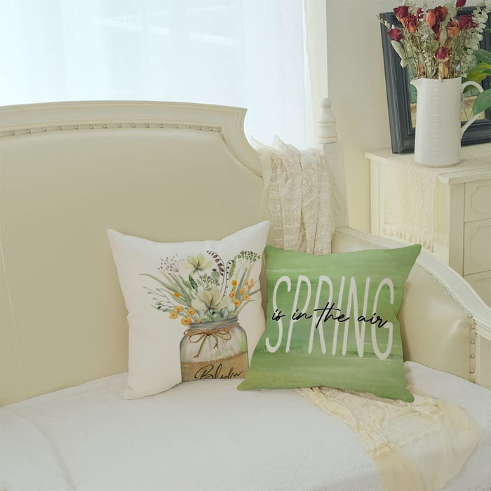 Pillow Covers 18X18 Set of 4 Flowers Mason Jar Leaves Butterfly Spring Pillows Decorative Throw Pillows Green Pillowcase Summer Decorations Farmhouse Decor for Couch Sofa