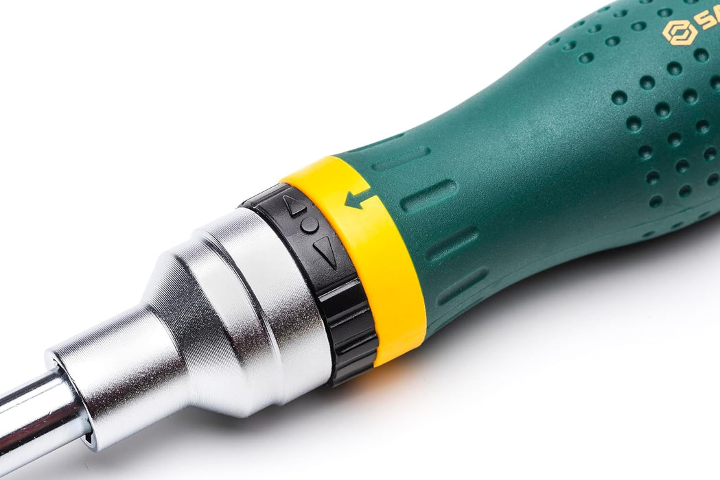 19-In-1 Multipurpose Ratcheting Screwdriver Set with 8 Double-Sided Bits and a Green and Yellow Oil-Resistant Handle - ST09350, 10 Piece