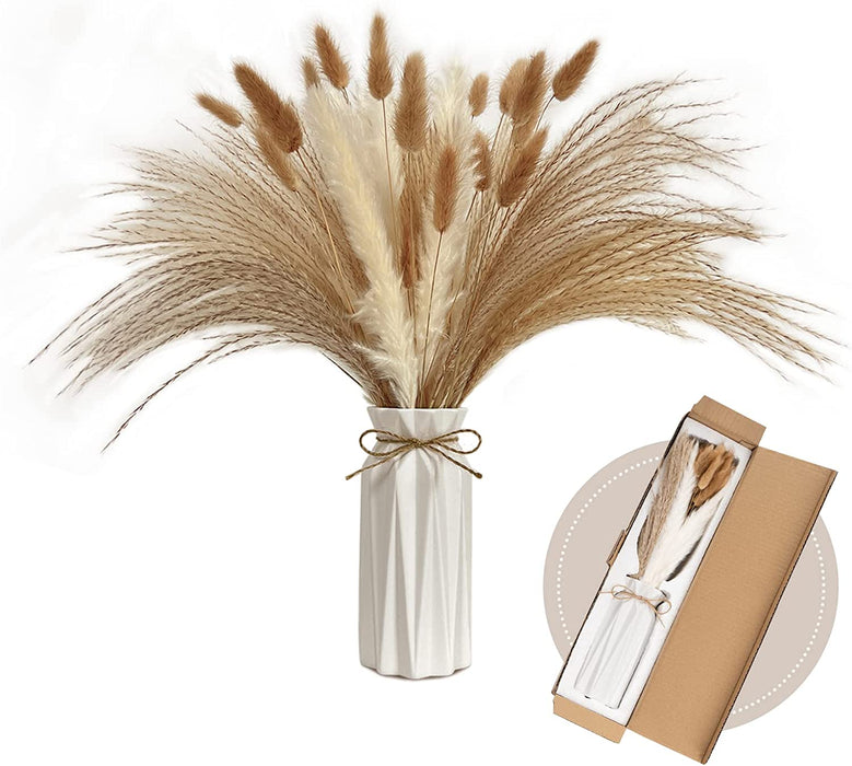 Pampas Grass with Vase Included, 90Pcs Dried Pampas Grass Decor, Natural Dried Pampas Grass, Fluffy Pampas Grasses for Home Decor Wedding Boho Decor