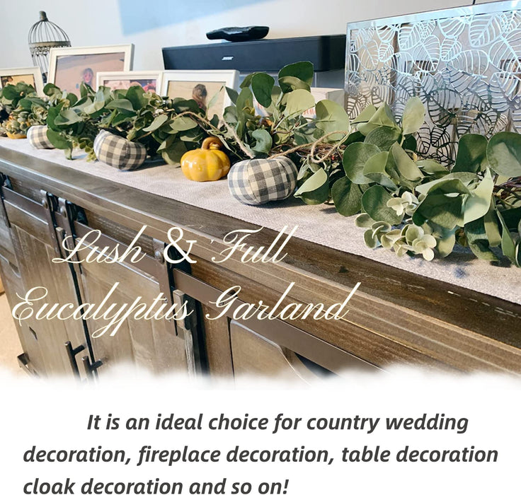 Eucalyptus Garland 6.56 Ft Lush Silver Dollar Eucalyptus Leaves Boxwood Artificial Faux Greenery Garland Vines for Baby Shower Wedding Party Table Runner Room Home Mantle Decor