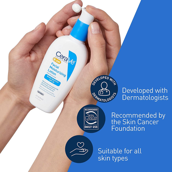 Cerave AM Facial Moisturizing Lotion SPF 30 | Oil-Free Face Moisturizer with Sunscreen | Non-Comedogenic | 3 Ounce
