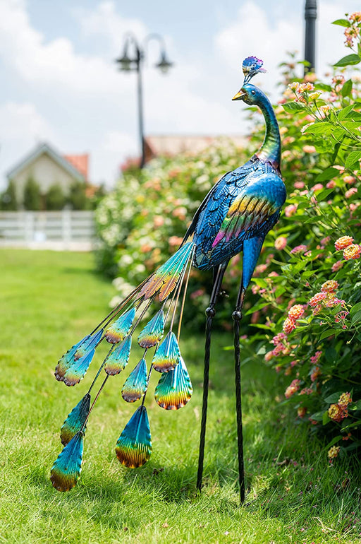Yard Decor 3D Peacock Garden Sculptures & Statues, 35 Inch Large Metal Yard Art for Outdoor outside Backyard Porch Patio Pond Pool Indoor Decorations Blue Lawn Ornaments