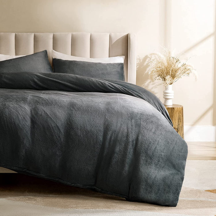 Flannel Duvet Cover Set Oeko-Tex Certified, 3 Pieces Velvet Duvet Cover Queen, Ultra Soft Comforter Cover with Zipper and Corner Ties, Dark Grey
