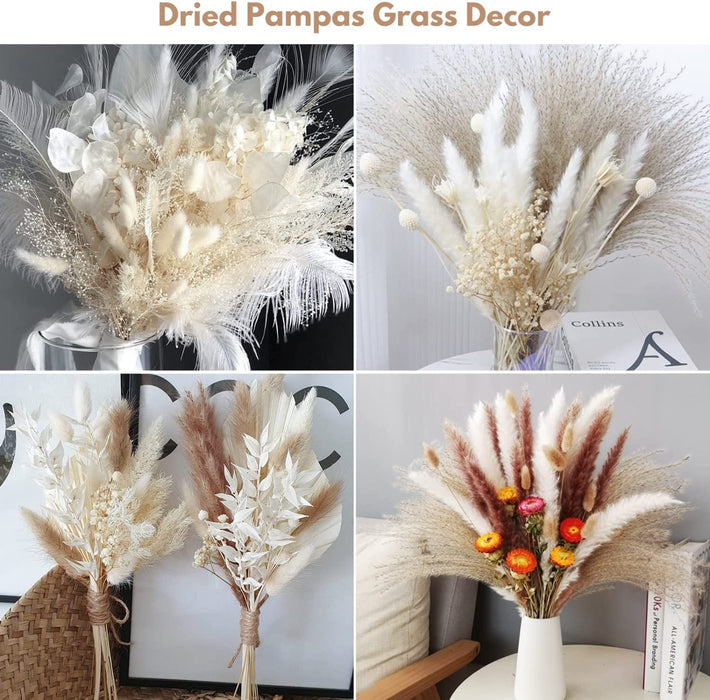 120 Pcs Dried Pampas Grass Dried Flowers Bouquet Natural Pampas Grass Decor White & Brown Pompous Grass Bunny Tails Reed for Farmhouse Rustic Party Wedding Boho Home Decorations, 17.5''