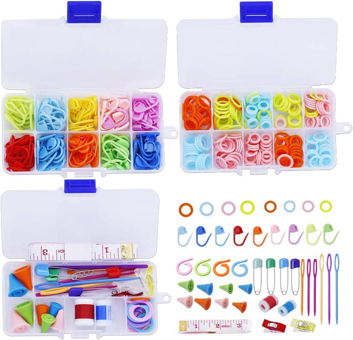 381 Pieces Stitch Ring Markers and Colorful Knitting Crochet Locking Counter Stitch Needle Clips + Weaving Tools Knitting Kits with 3 Storage Boxes