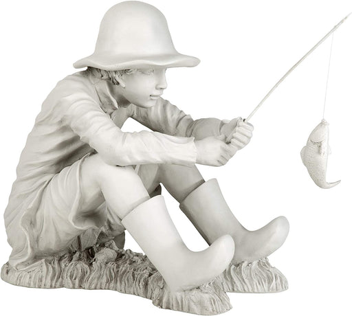 EU9288 Gone Fishing Fisherman Boy Garden Statue, 17 Inch, 10.5" D X 17" W X 17" H, Two Tone Stone