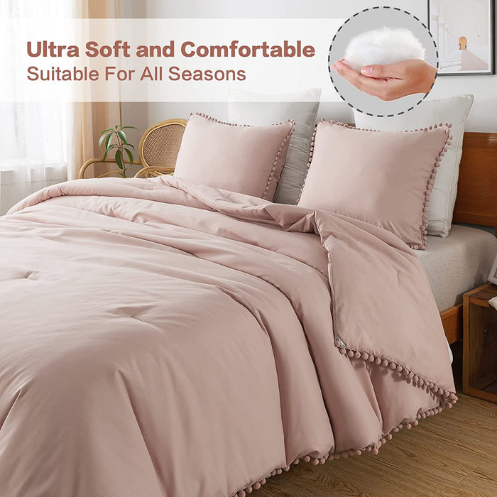 Blush Pom Pom Fringe Comforter Full(79X90 Inch), 3 Pieces(1 Boho Comforter and 2 Pillowcases) Aesthetic Boho Comforter, Lightweight Soft Microfiber down Alternative Bedding Set