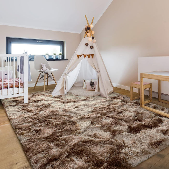 5X8 Large Area Rugs for Living Room, Super Soft Fluffy Modern Bedroom Rug, Tie-Dyed Brown Indoor Shag Fuzzy Carpets for Girls Kids Nursery Room Home Decor