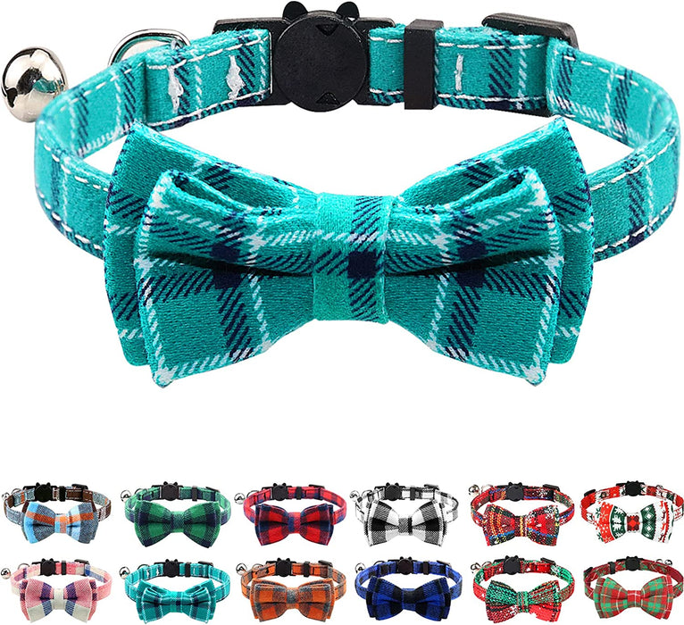 Breakaway Cat Collar with Cute Bow Tie and Bell, Plaid Patterns, 1 Pack Girl Boy Kitty Safety Collars, Blue