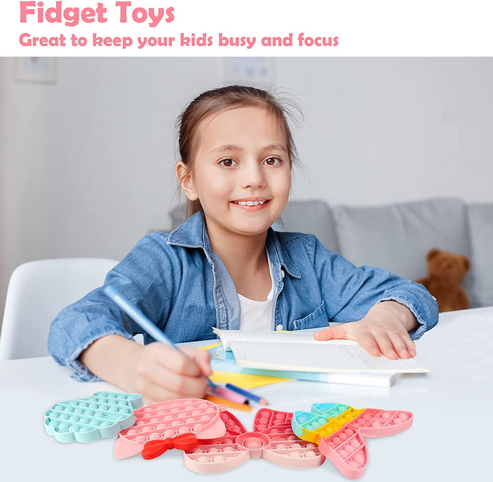 Girls Push Bubble Fidget Toys 4 Packs with Pop Sound, Pastel Rainbow Butterfly Pink Cute Kitten Cat Bow Blue Seashell Popper Autism Sensory Stress Reliever Toys for Toddlers Kids Car Travel