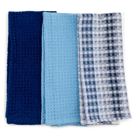 Cotton Waffle Kitchen Towels, Blue White, 3-Piece Set