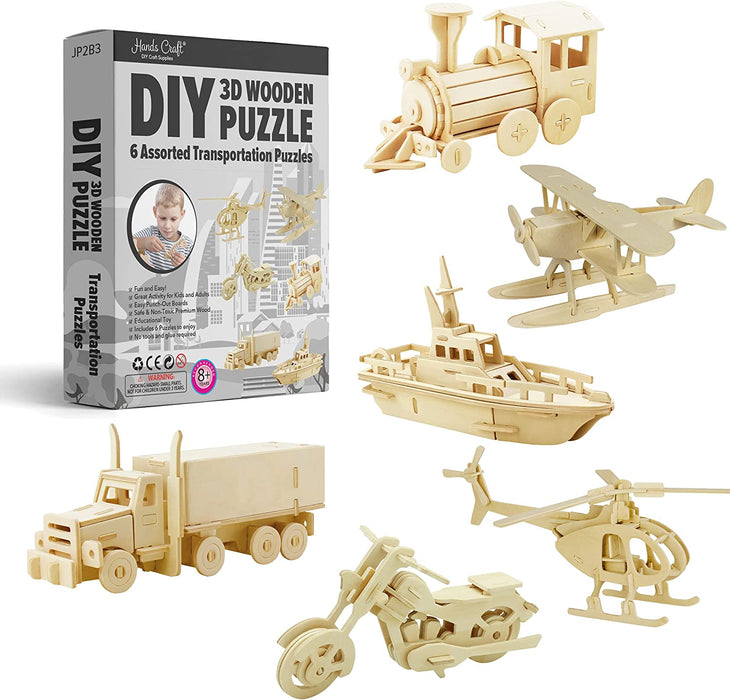 Hands Craft DIY 3D Wooden Puzzle – 6 Assorted Wild Animals Bundle Pack Set Brain Teaser Puzzles Educational STEM Toy Adults and Kids to Build Safe and Non-Toxic Easy Punch Out Premium Wood JP2B8