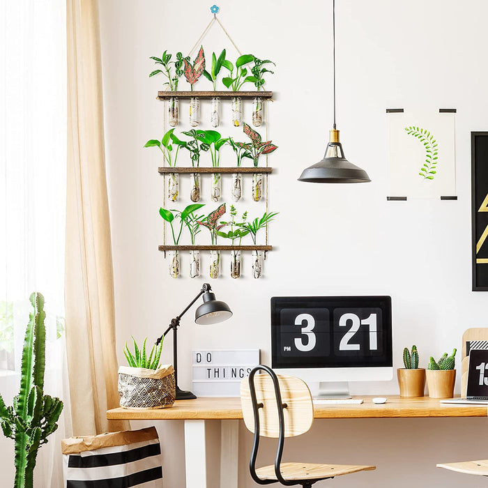 3 Tier Large Propagation Stations Wall Hanging Plant Terrarium with Wooden Stand, Retro Propagation Test Tube for Hydroponic Plants Cutting Flower, Propagator Home Office Patio Decor-Brown