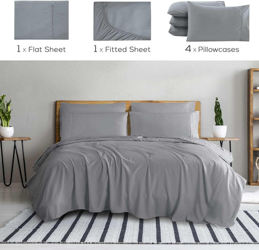 Mueller Ultratemp King Size Sheets Set, Super Soft 1800, 6 Piece, Deep Pocket up to 16" Bed Sheets, Transfers Heat, Breathes Better, Hypoallergenic, Wrinkle, Light Grey