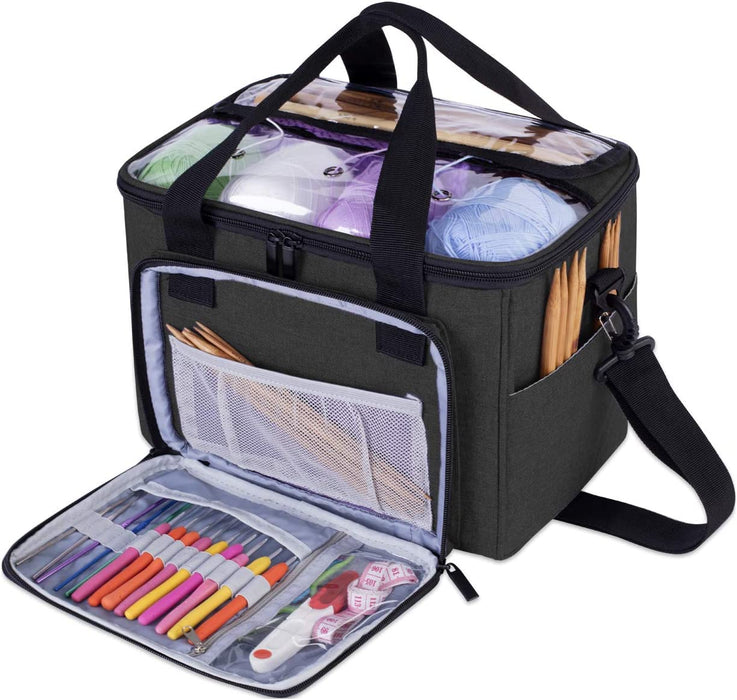 Teamoy Knitting Bag, Yarn Tote Organizer with Inner Divider (Sewn to Bottom) for Crochet Hooks, Knitting Needles(Up to 14”), Project and Supplies, Purple -No Accessories Included