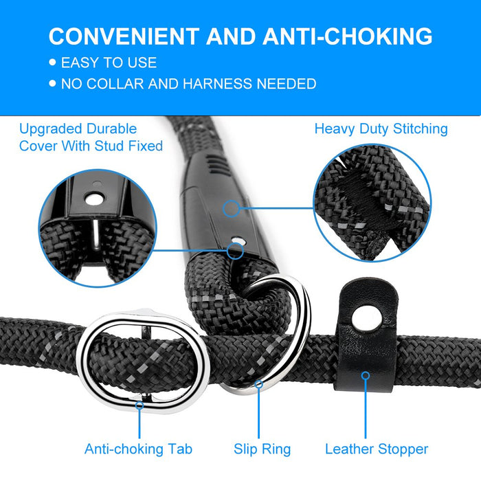 Slip Lead Dog Leash, Anti-Choking with Traffic Padded Two Handles, Reflective Strong Sturdy Heavy Duty Rope Leash, 6FT Dog Training Leash for Medium Large Dogs(6' Black)