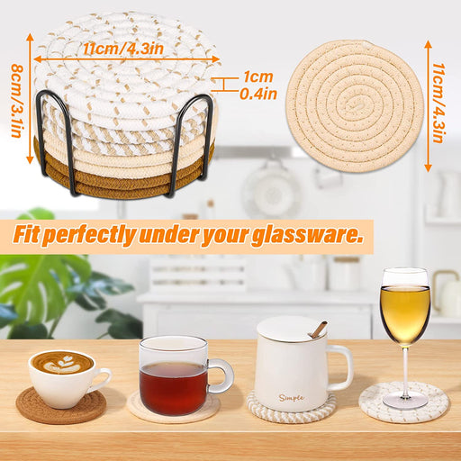 8 Pcs Drink Coasters with Holder, 4 Colors Absorbent Coasters for Drinks, Minimalist Cotton Woven Coaster Set for Home Decor Tabletop Protection Suitable for Kinds of Cups, 4.3 Inches.(No.2)