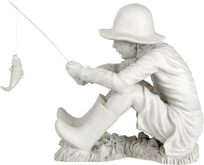 EU9288 Gone Fishing Fisherman Boy Garden Statue, 17 Inch, 10.5" D X 17" W X 17" H, Two Tone Stone