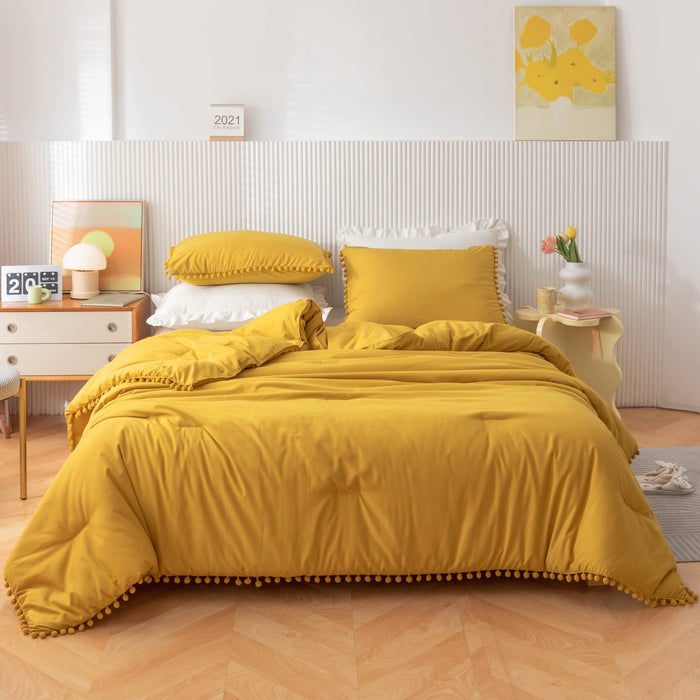 Yellow Comforter Queen Set 3Pcs Boho Ball Pom Pom Bedding, Aesthetic Mustard Yellow Comforter Queen Sized Bed Set Deep Yellow Bed Set for Women Men (1 Comforter 2 Pillowcases)