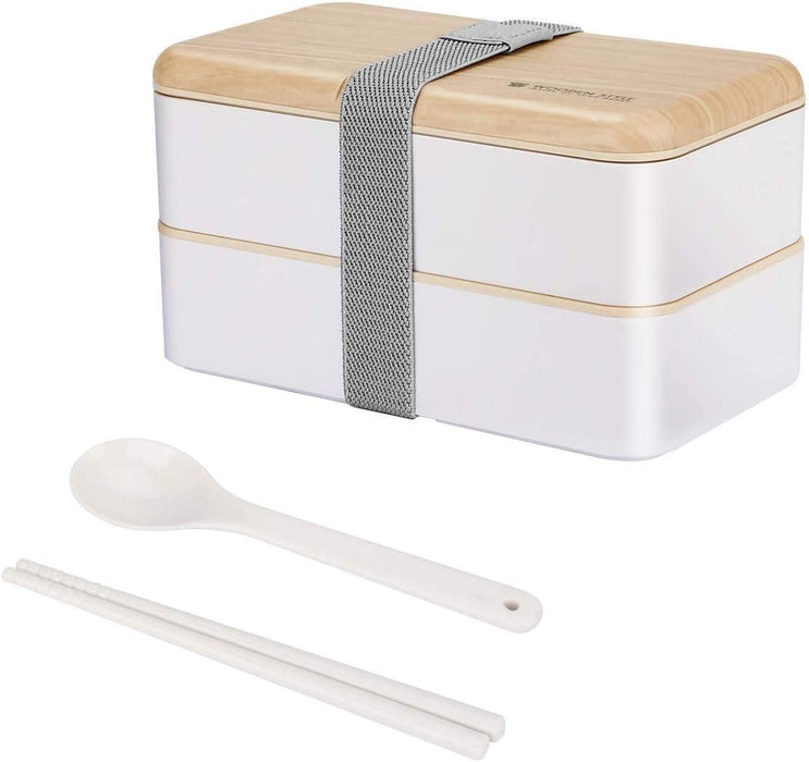 Bento Box 2 Tiers Lunch Box 1200ML Food Container Microwave Dishwasher Safe Bento Lunch Box with Cutlery Set for Adult, Kids and Student (White)