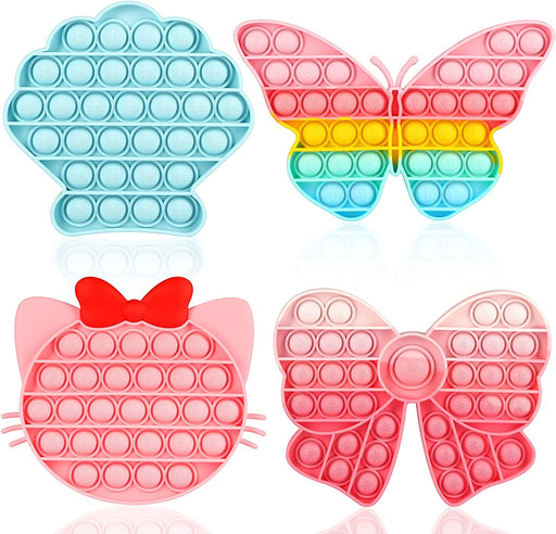 Girls Push Bubble Fidget Toys 4 Packs with Pop Sound, Pastel Rainbow Butterfly Pink Cute Kitten Cat Bow Blue Seashell Popper Autism Sensory Stress Reliever Toys for Toddlers Kids Car Travel