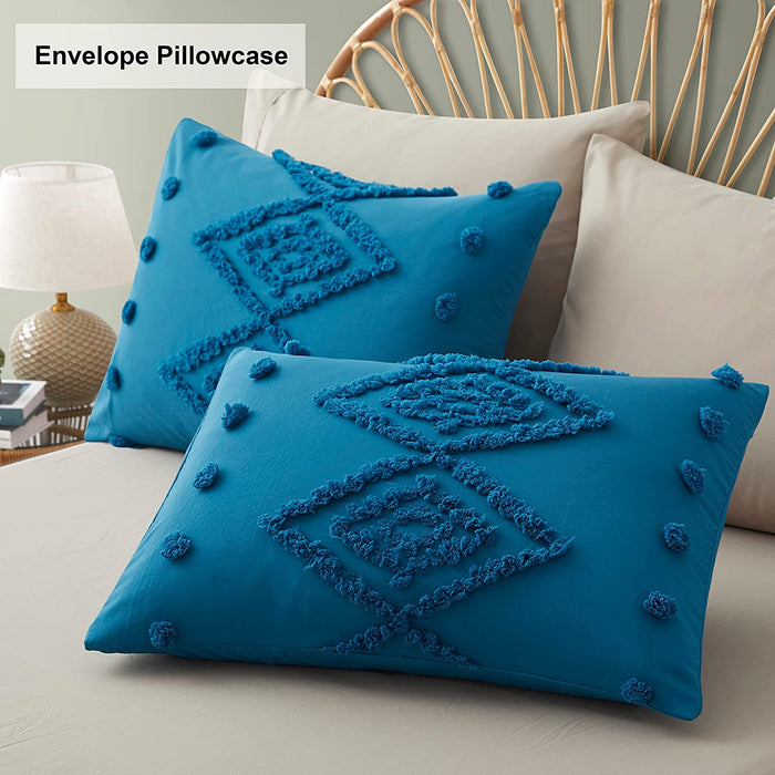 Oli Anderson Tufted Duvet Cover Queen Size, Soft and Lightweight Duvet Covers Set for All Seasons, 3 Pieces Boho Embroidery Shabby Chic Bedding Set (Turquoise, Queen, 90’’ X 90’’)