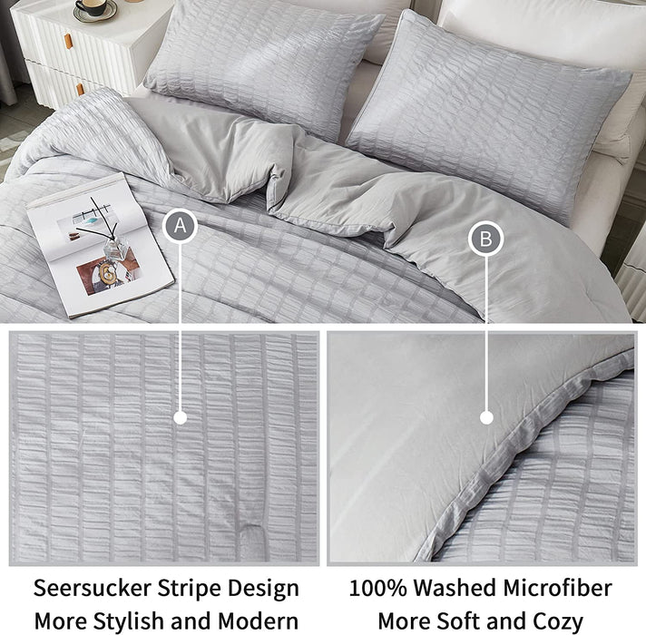 Seersucker Queen Comforter Set (90X90 Inches), 3 Pieces - 100% Soft Washed Microfiber Lightweight Comforter with 2 Pillowcases, All Season down Alternative Comforter Set for Bedding, Light Gray