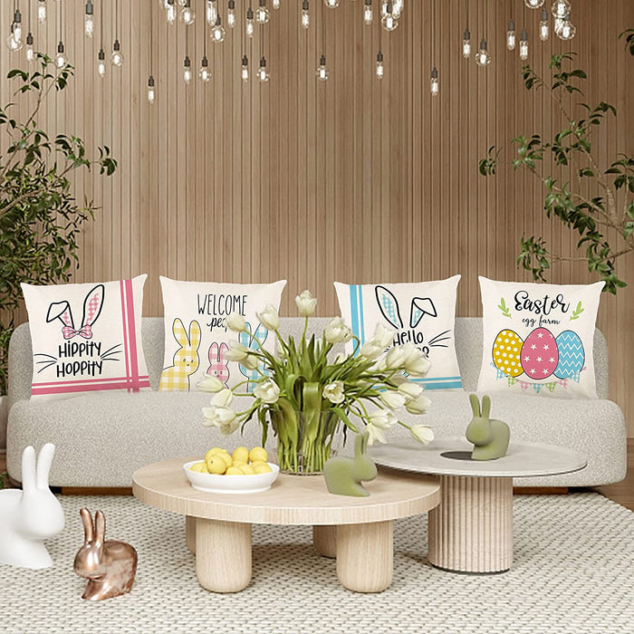 Easter Decorations Pillow Covers 18X18 Set of 4 - Easter Bunny Easter Eggs Spring Decor, Easter Throw Pillows Cushion Covers Farmhouse/Home Decor for Table, Sofa, Restaurant (18X18 Inch)