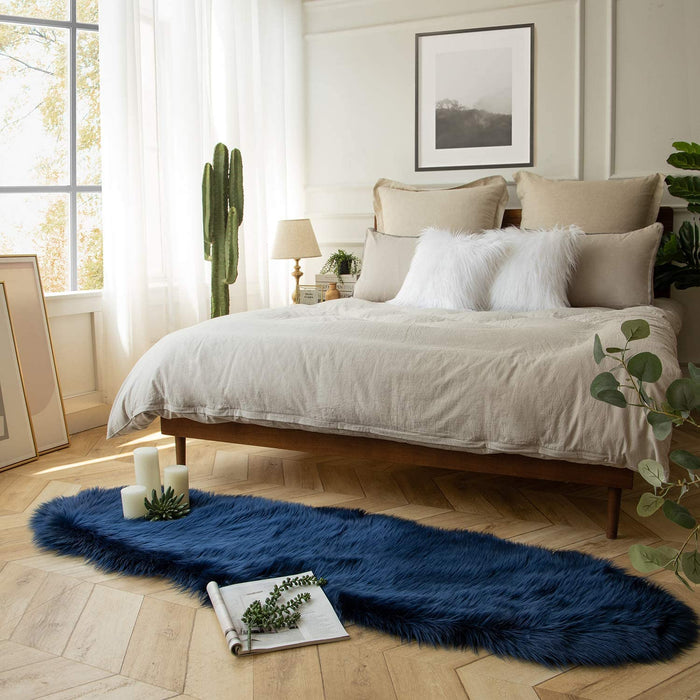 Ashler Faux Fur Rug, Fluffy Shaggy Area Rug Ultra Soft 2 X 6 Feet Sheepskin Fur Rug, Navy Blue Fuzzy Rug Machine Washable Shag Rug, Nursery Decor Throw Rugs for Bedroom, Kids Room, Living Room
