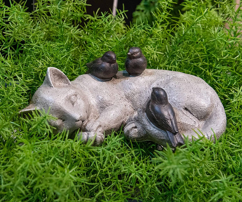 Sleeping Cat Garden Statues Outdoor - Sparrows on Cat Figurine 12" X 8" X 4.5"