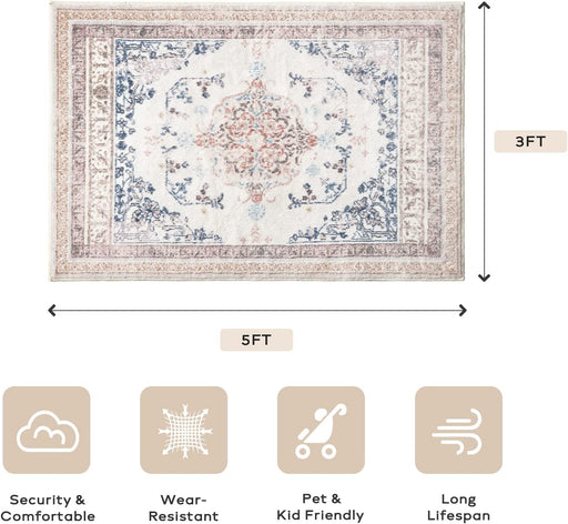 Ashler Area Rugs 3X5 Feet Vintage Boho Rugs for Living Room, Machine Washable Area Rugs with Non-Slip Backing, Indoor Rug Vintage Bohemian Area Rug Home Decor, Light Brown