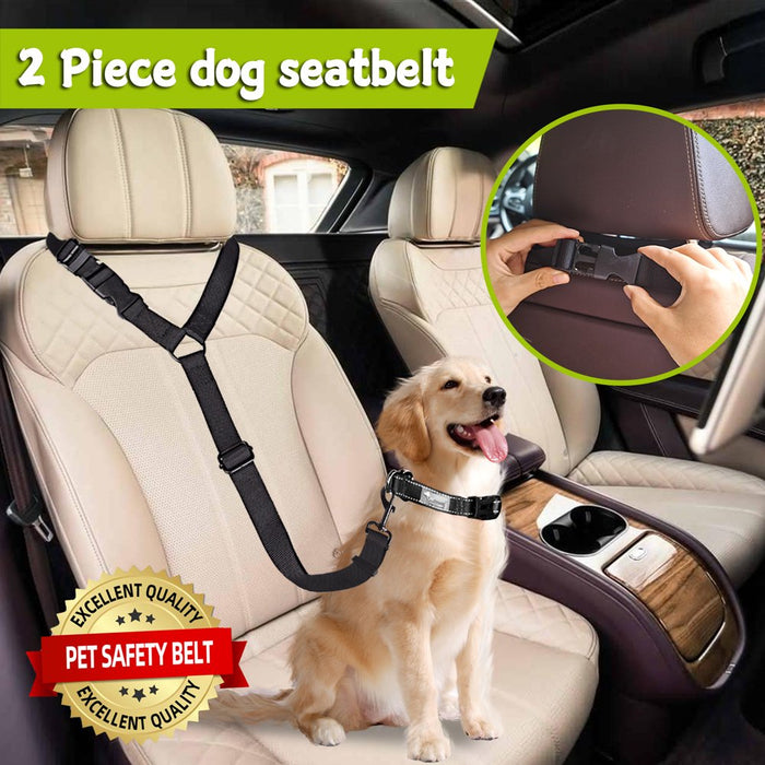 Dog Seat Belt, Black Adjustable Pet Puppy Doggie Car Safety Harness Restraint Headrest 2 Piece