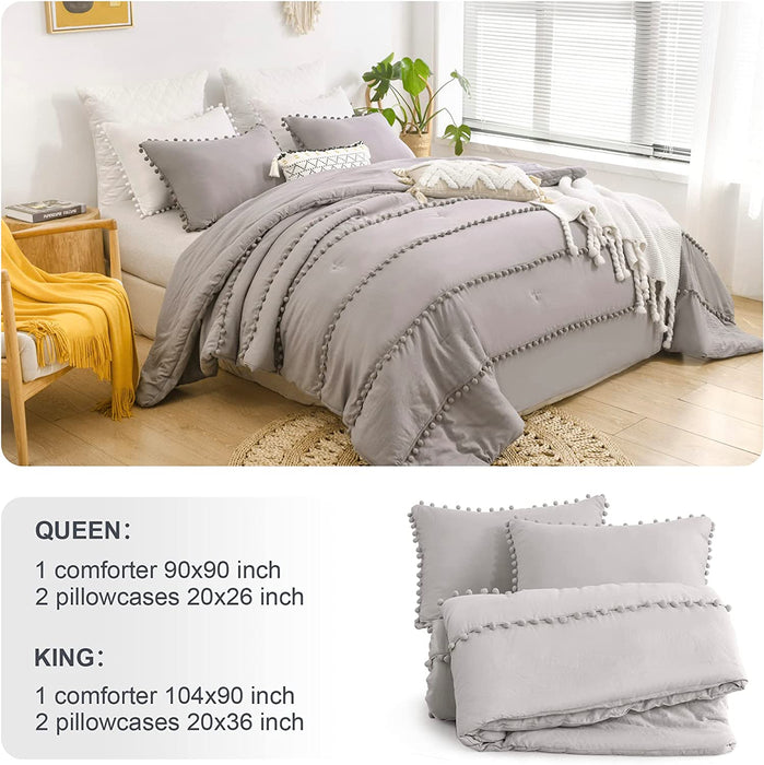 Grey King Size Comforter Set,Boho Pom Pom Aesthetic Bedding Sets, Lightweight Soft Boho Comforters King Bed Sets 3 Pieces