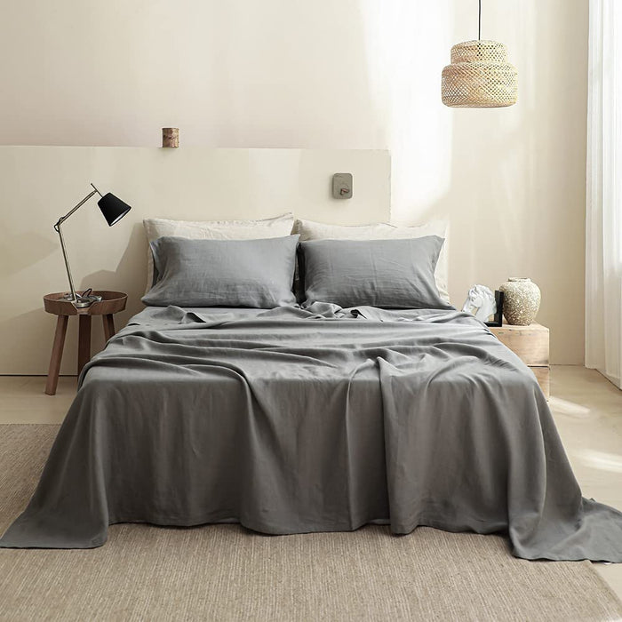 Simple&Opulence 100% Linen Sheet Set Solid Color-4 Pcs Washed French Linen Bed Sheets(1 Flat Sheet,1 Fitted Sheet,2 Pillowcases)-Breathable Bedding Set (Grey, Queen)