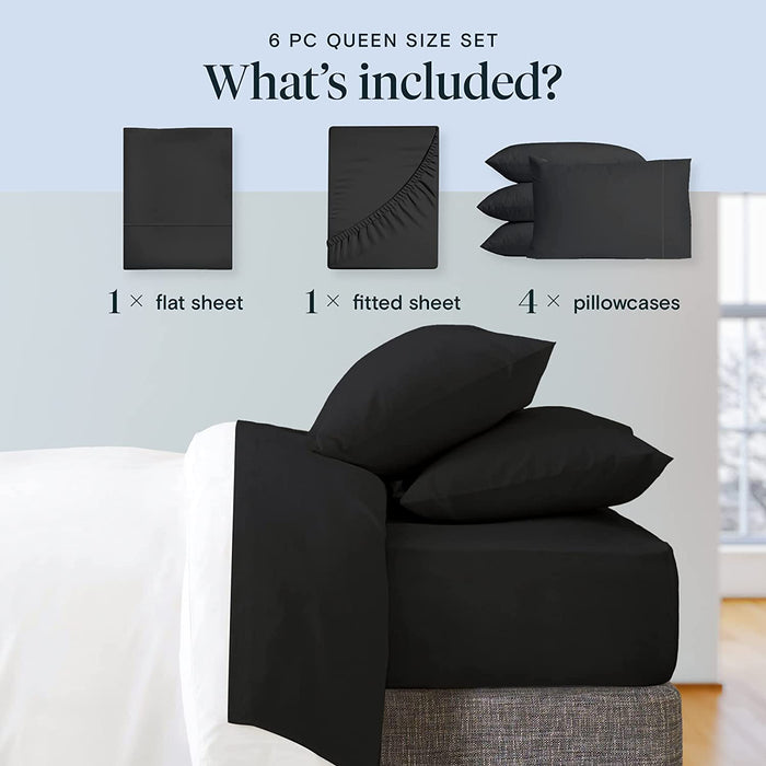 6 PC Sheet Set Sheets Deep Pockets 18" Eco Friendly Wrinkle Free Sheets Machine Washable Hotel Bedding Silky Soft - Black Queen